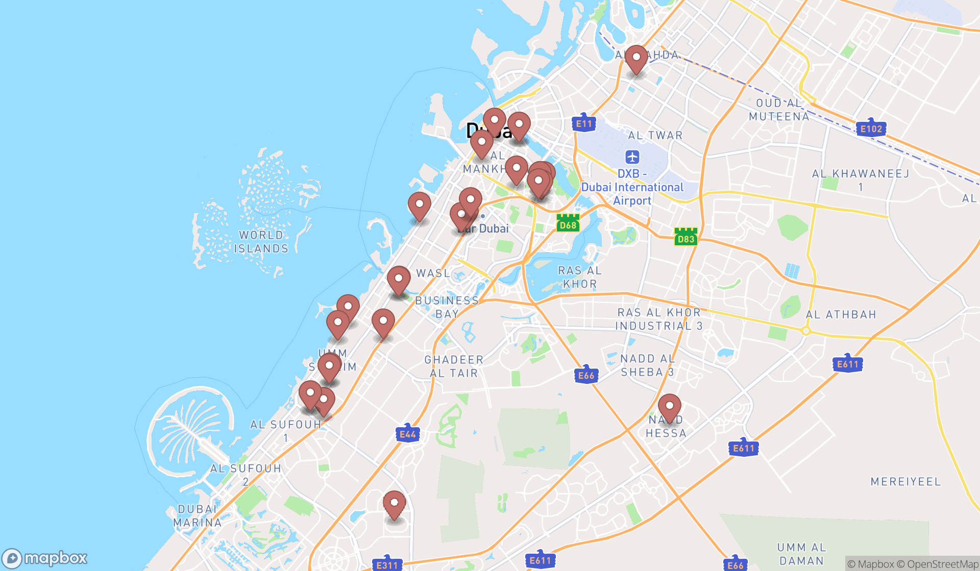 Map showing the search results in Dubai