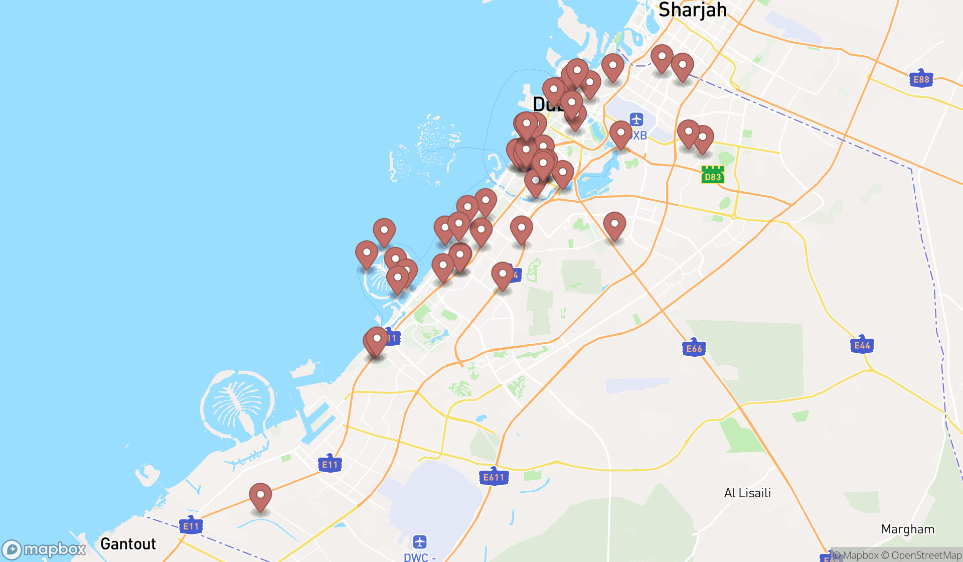 Map showing the search results in Dubai