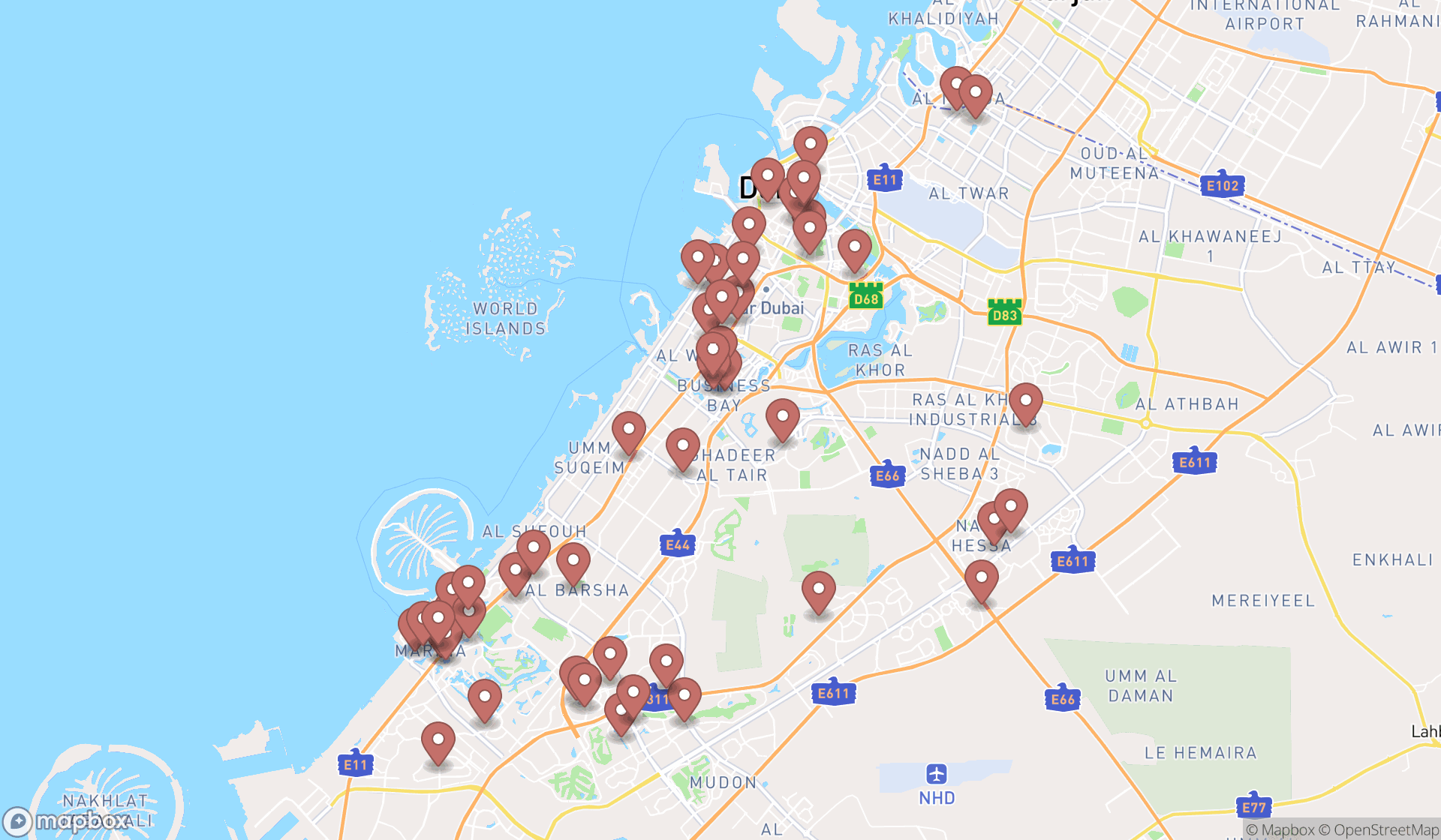 Map showing the search results in Dubai