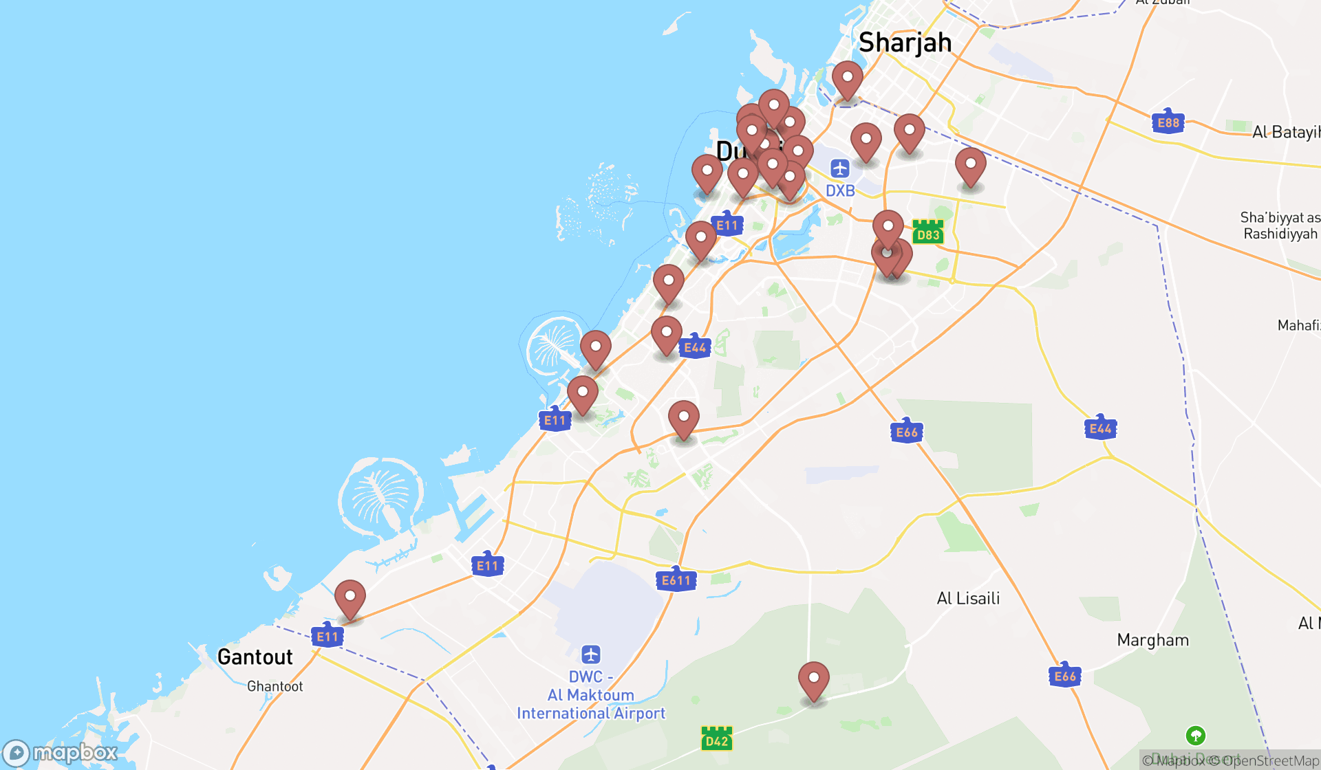 Map showing the search results in Dubai
