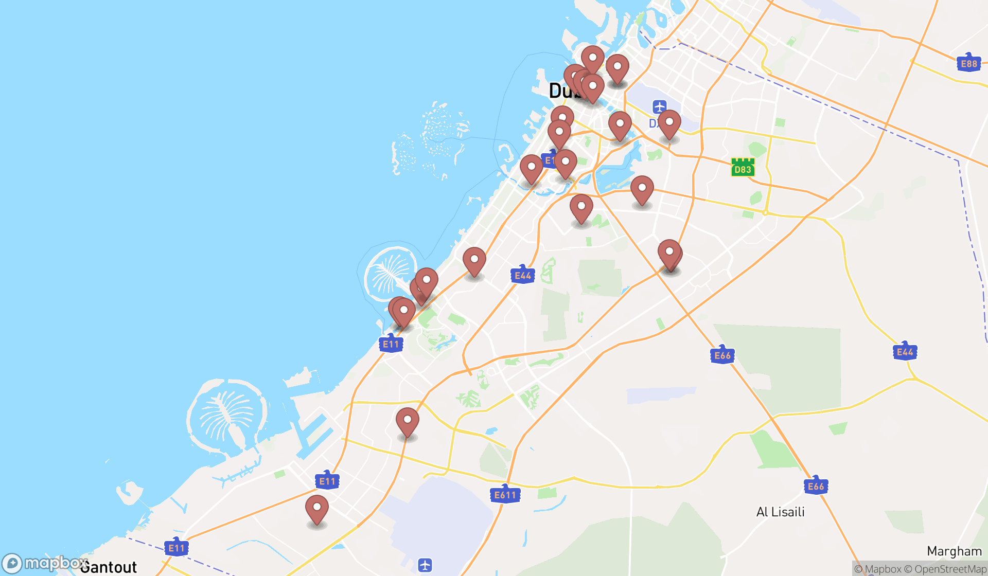Map showing the search results in Dubai