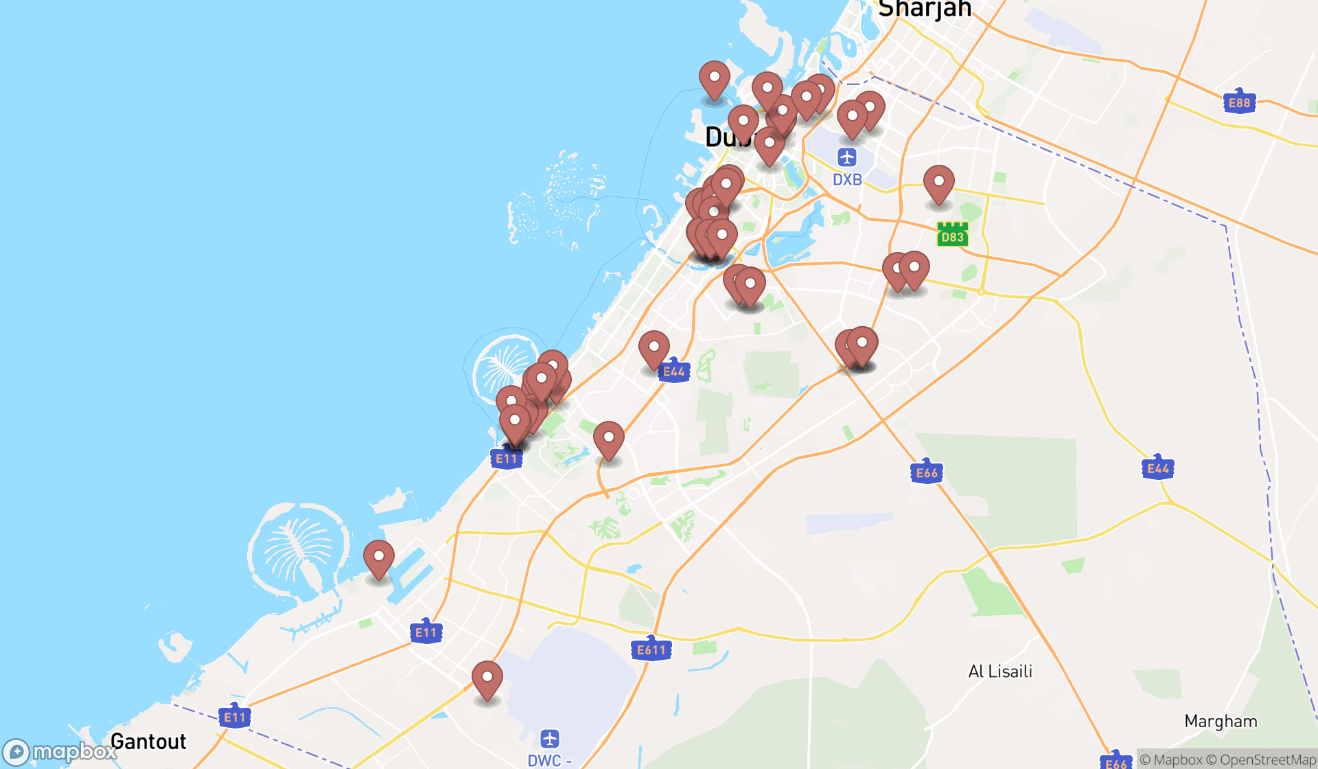 Map showing the search results in Dubai