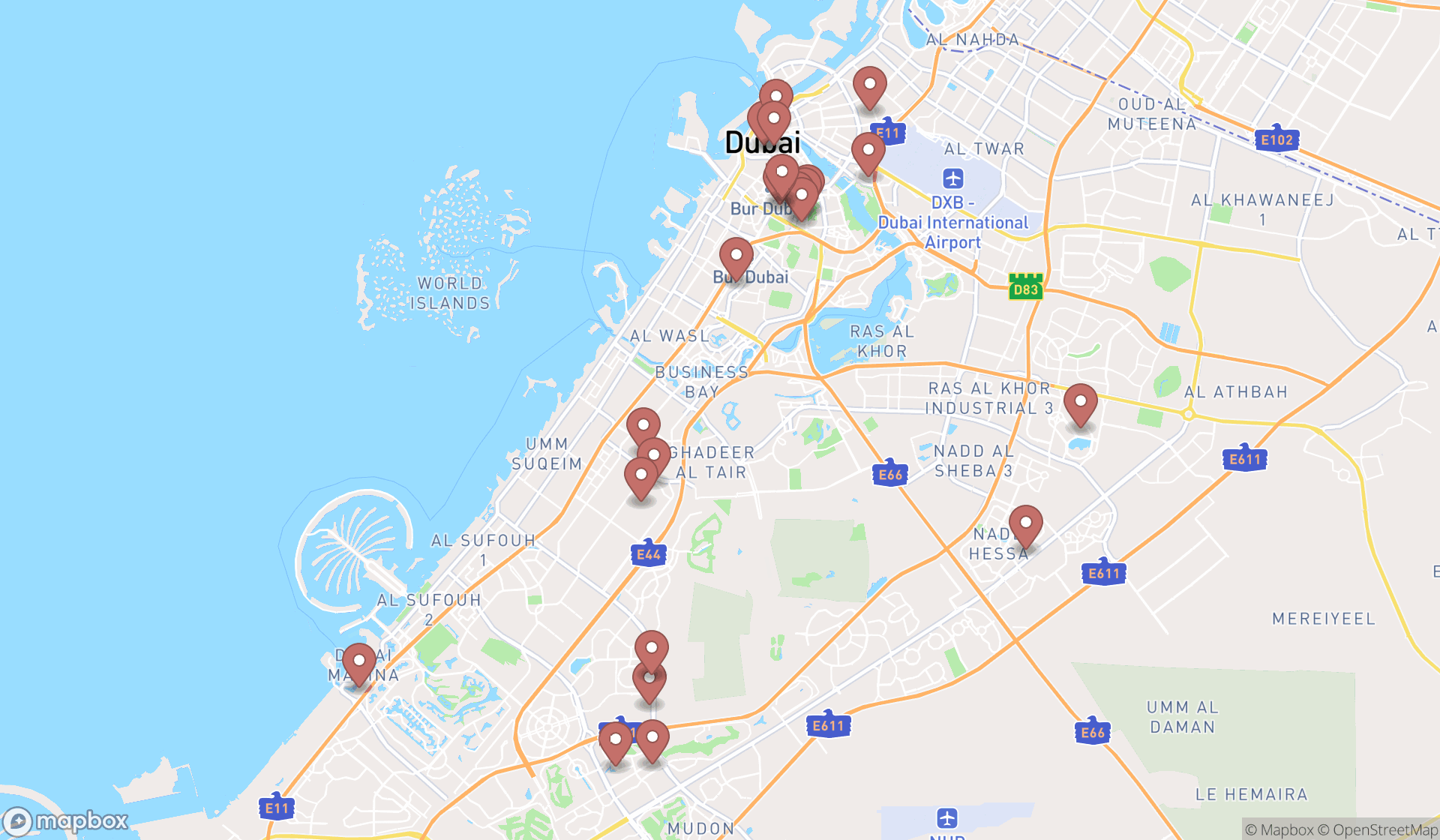 Map showing the search results in Dubai