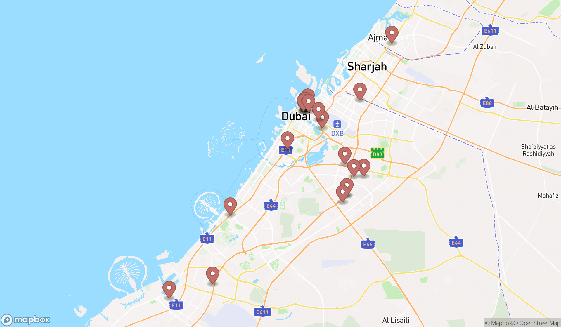 Map showing the search results in Dubai