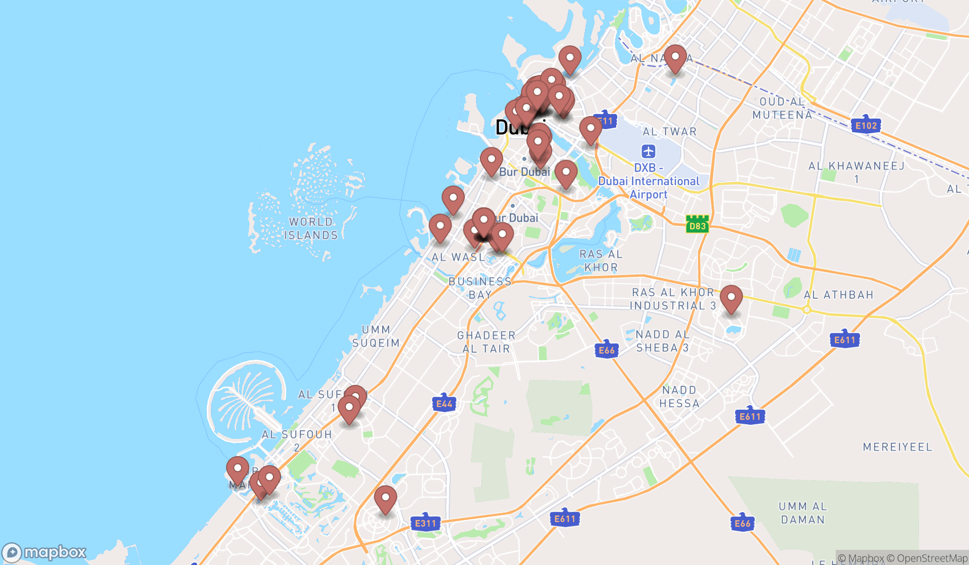 Map showing the search results in Dubai