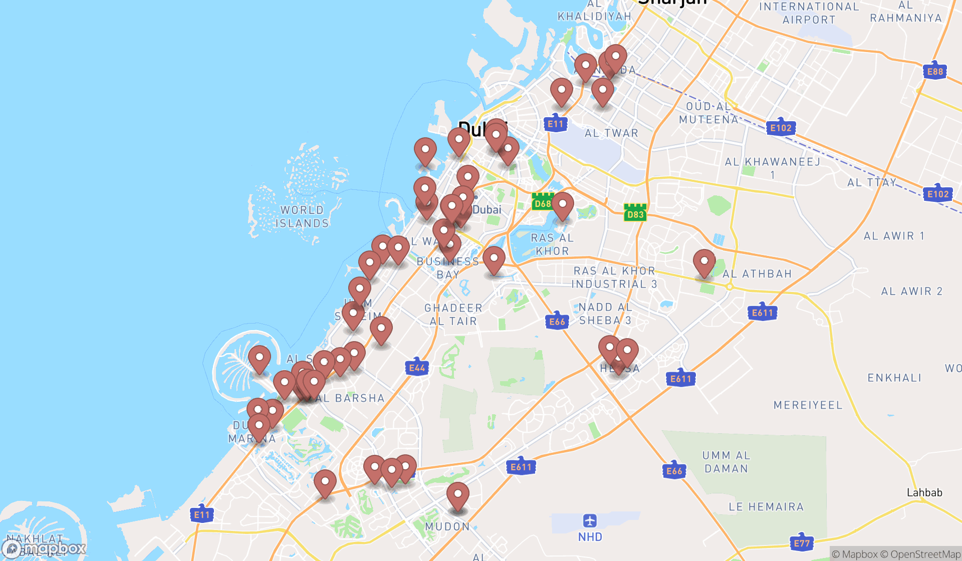 Map showing the search results in Dubai