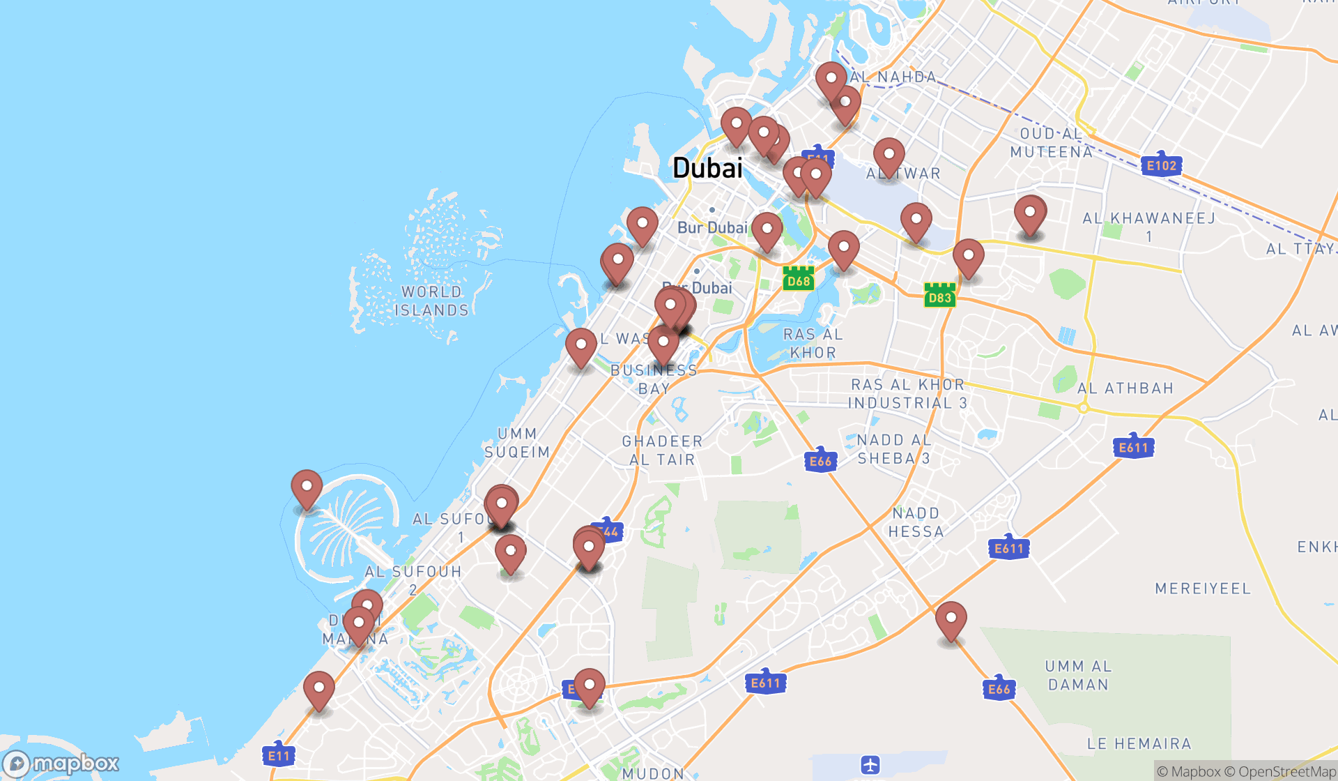 Map showing the search results in Dubai