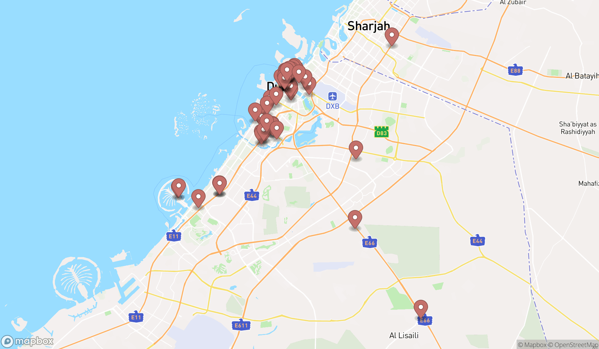 Map showing the search results in Dubai