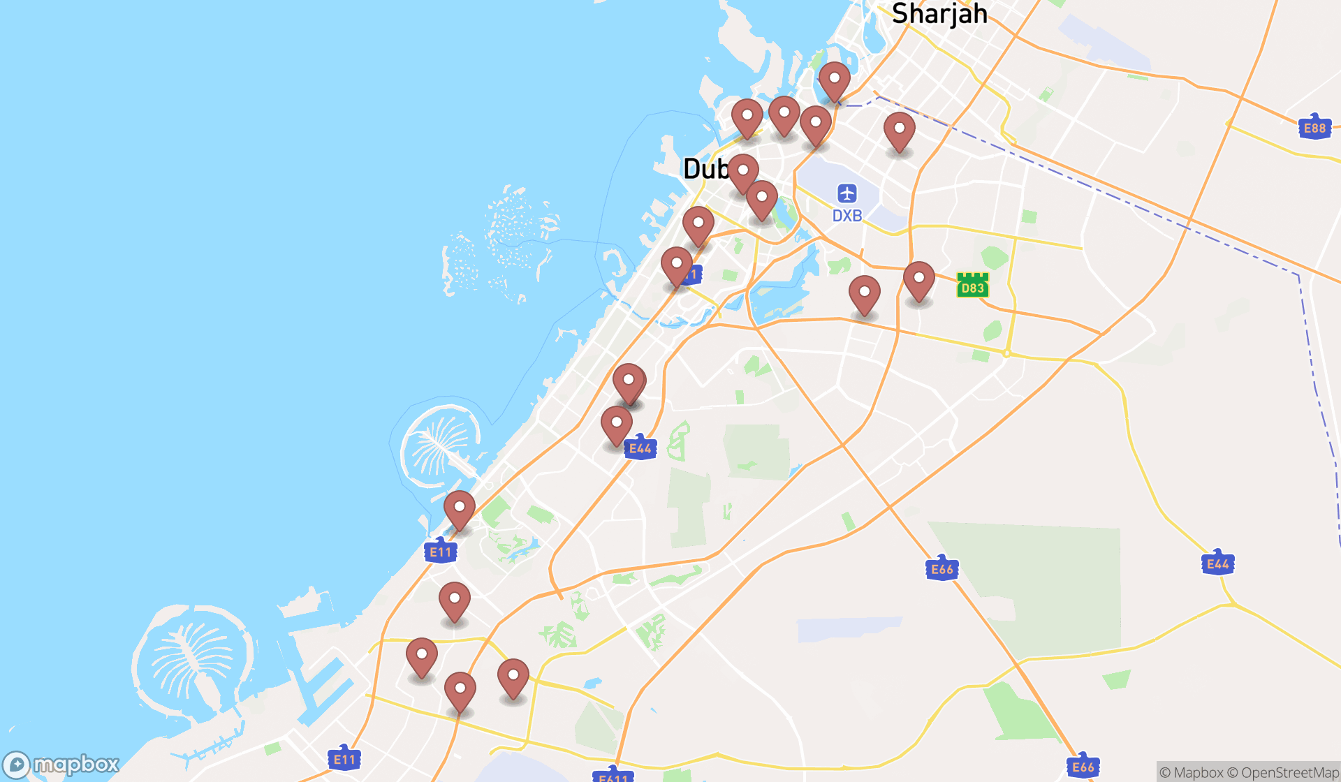 Map showing the search results in Dubai