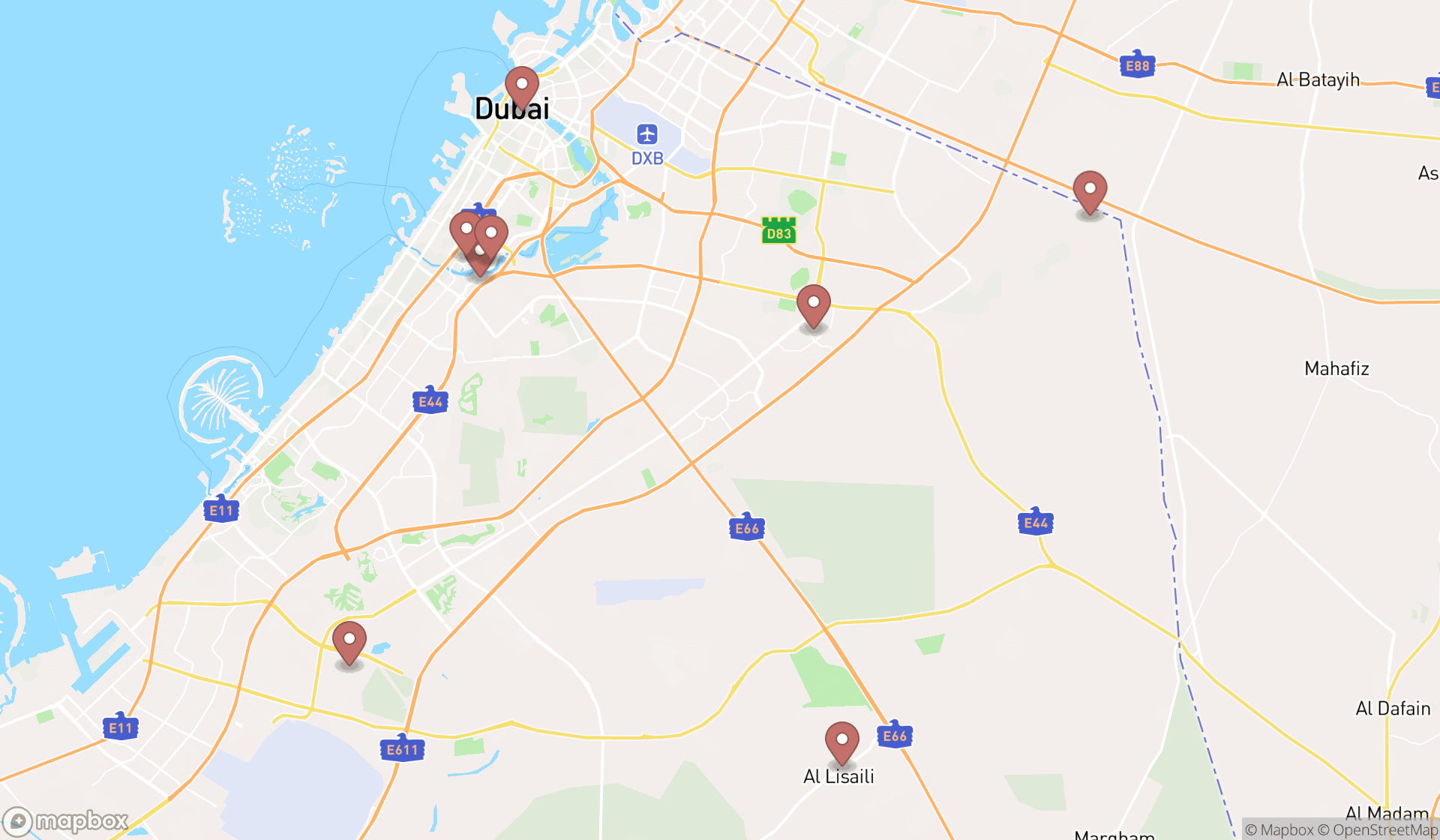 Map showing the search results in Dubai