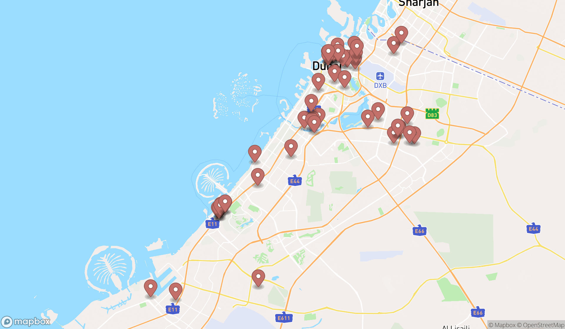 Map showing the search results in Dubai