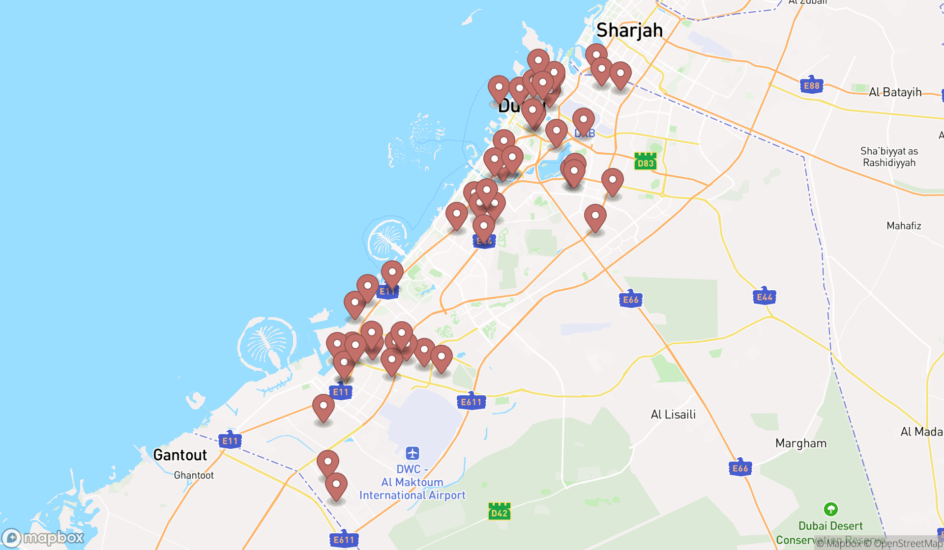 Map showing the search results in Dubai