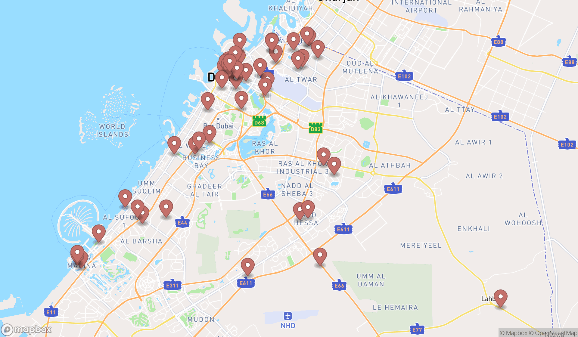 Map showing the search results in Dubai