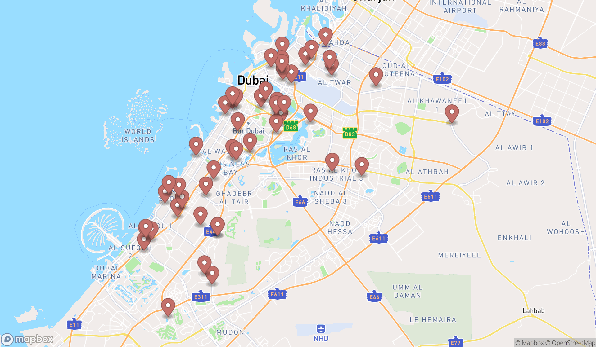 Map showing the search results in Dubai
