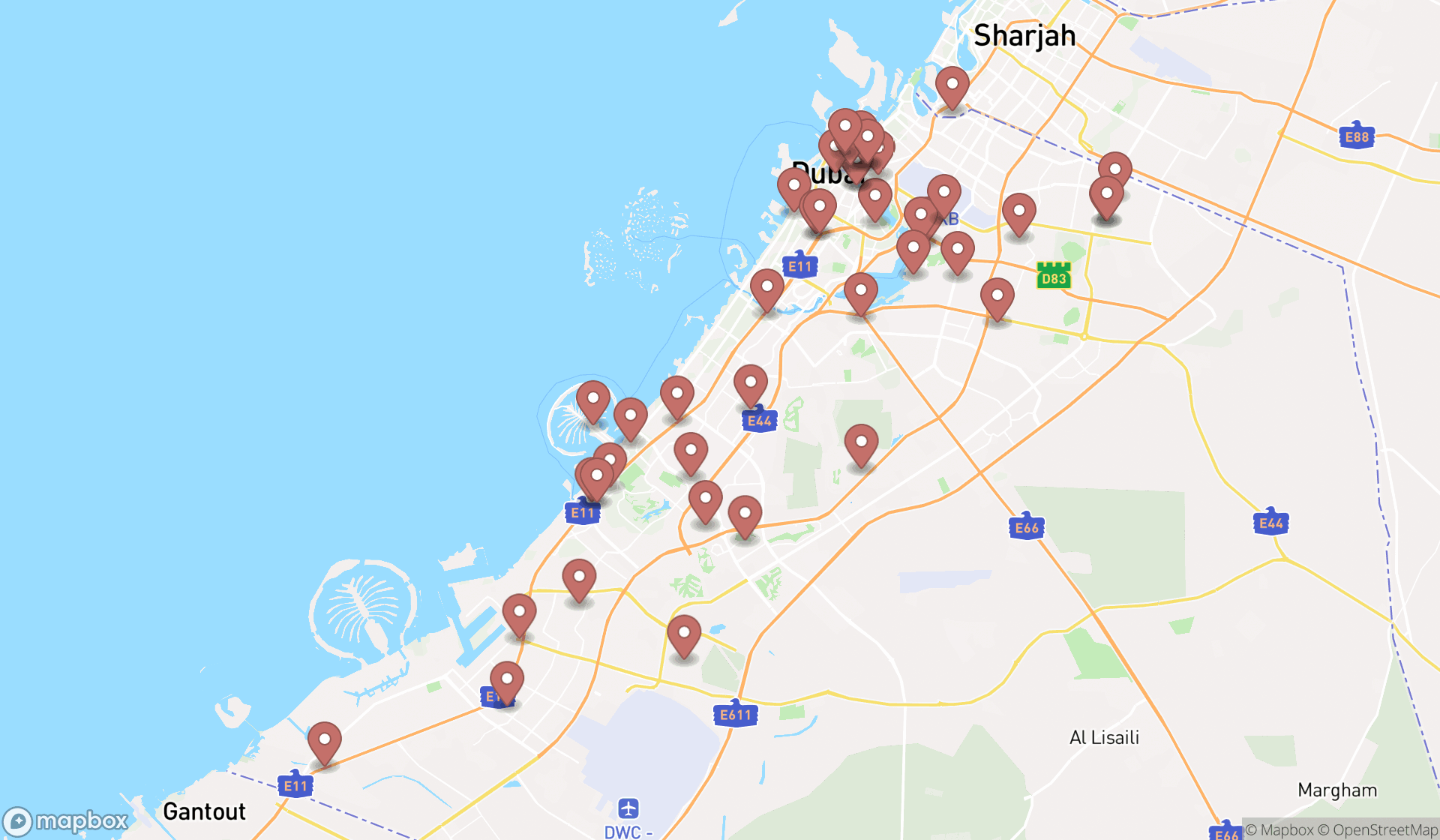 Map showing the search results in Dubai