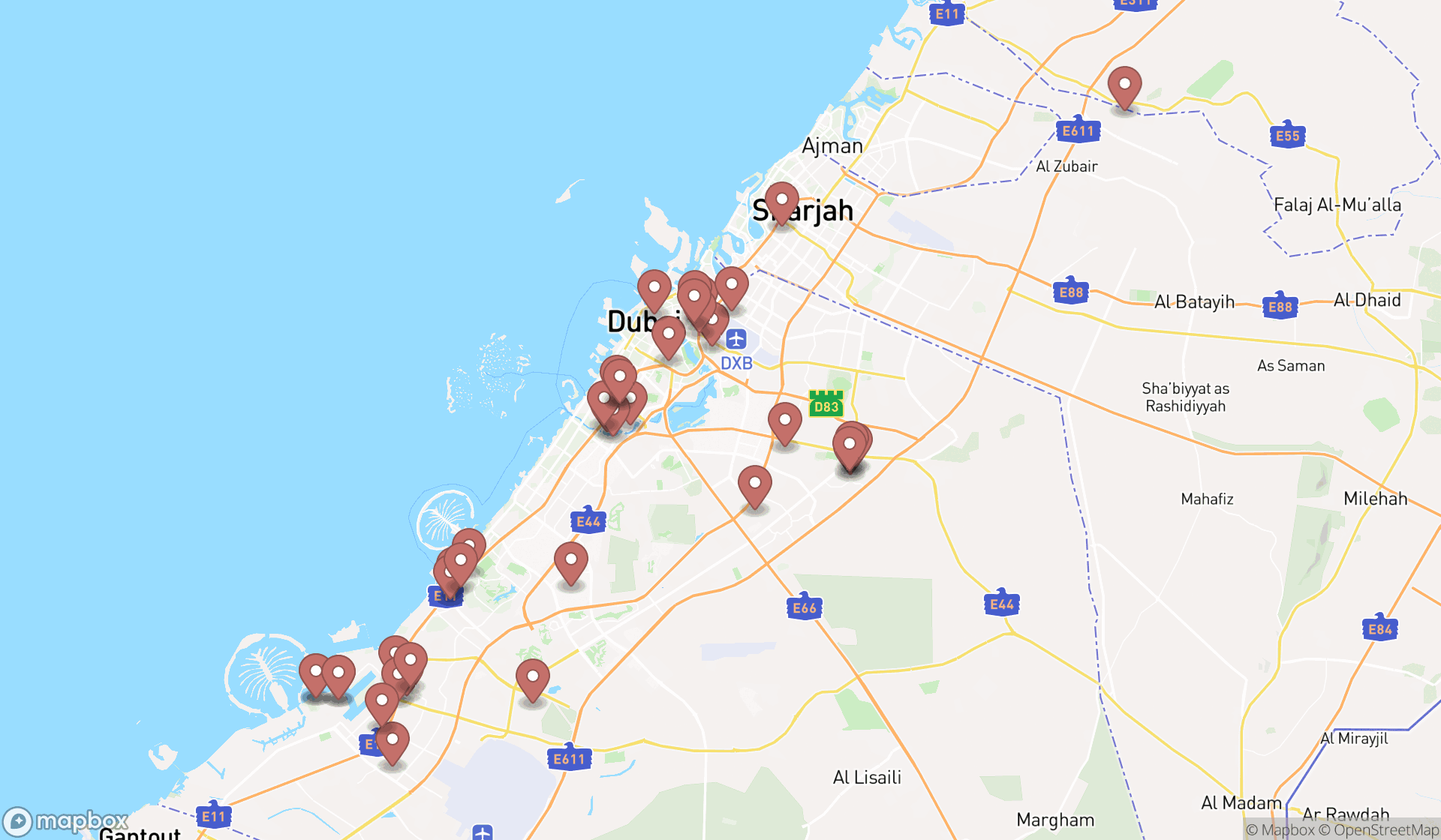 Map showing the search results in Dubai