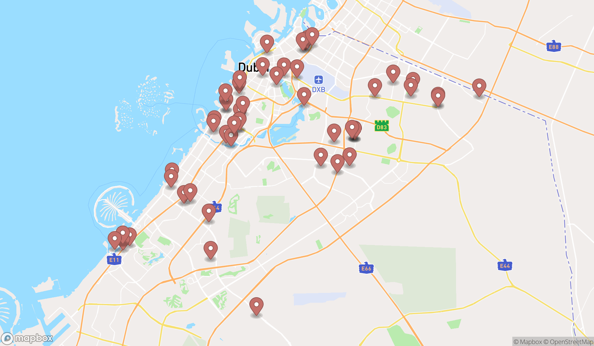 Map showing the search results in Dubai