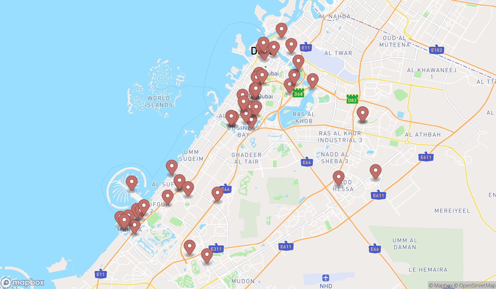 Map showing the search results in Dubai