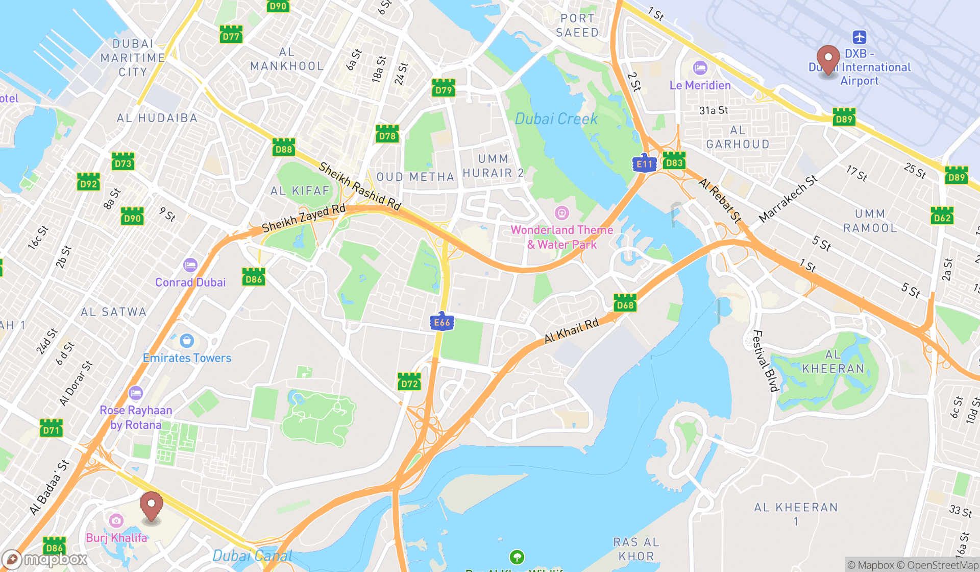 Map showing the search results in Dubai