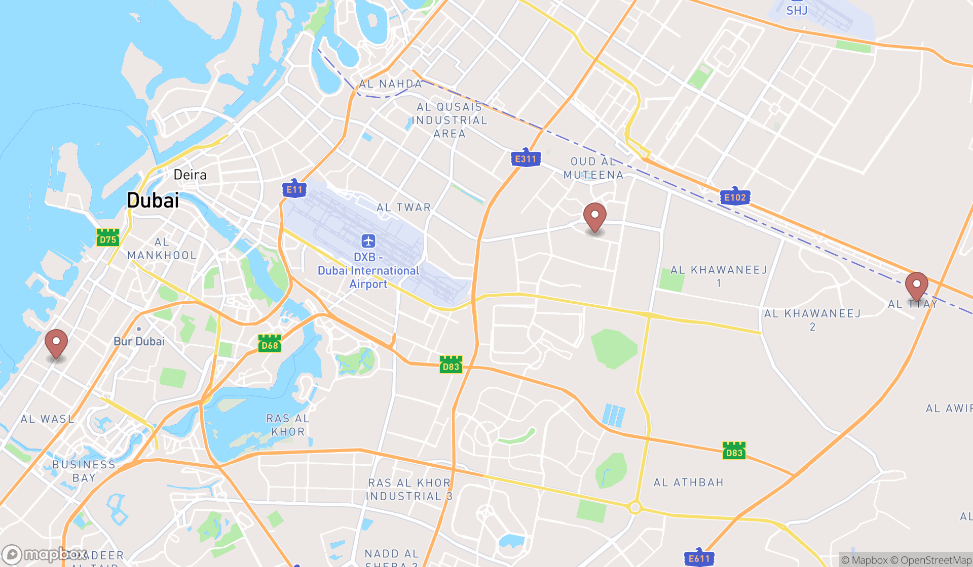 Map showing the search results in Dubai