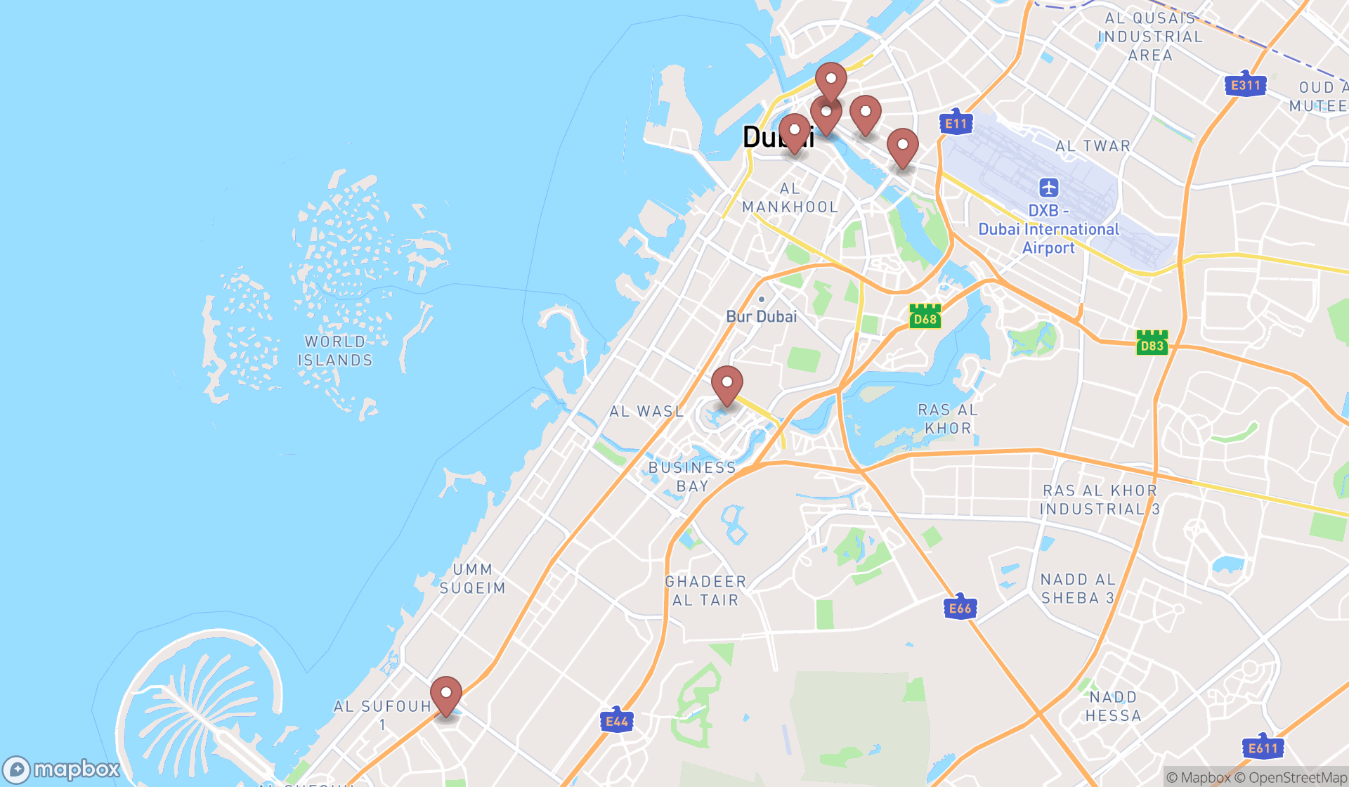 Map showing the search results in Dubai