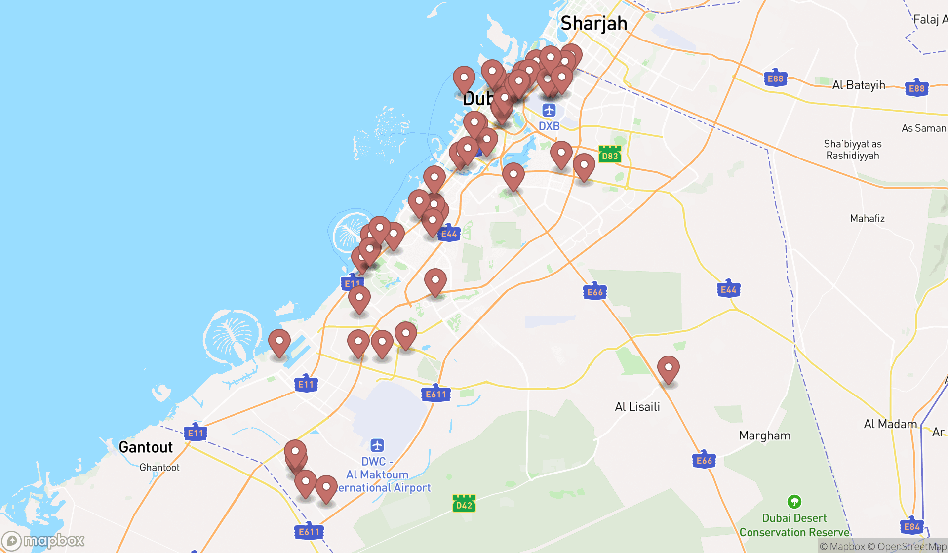 Map showing the search results in Dubai