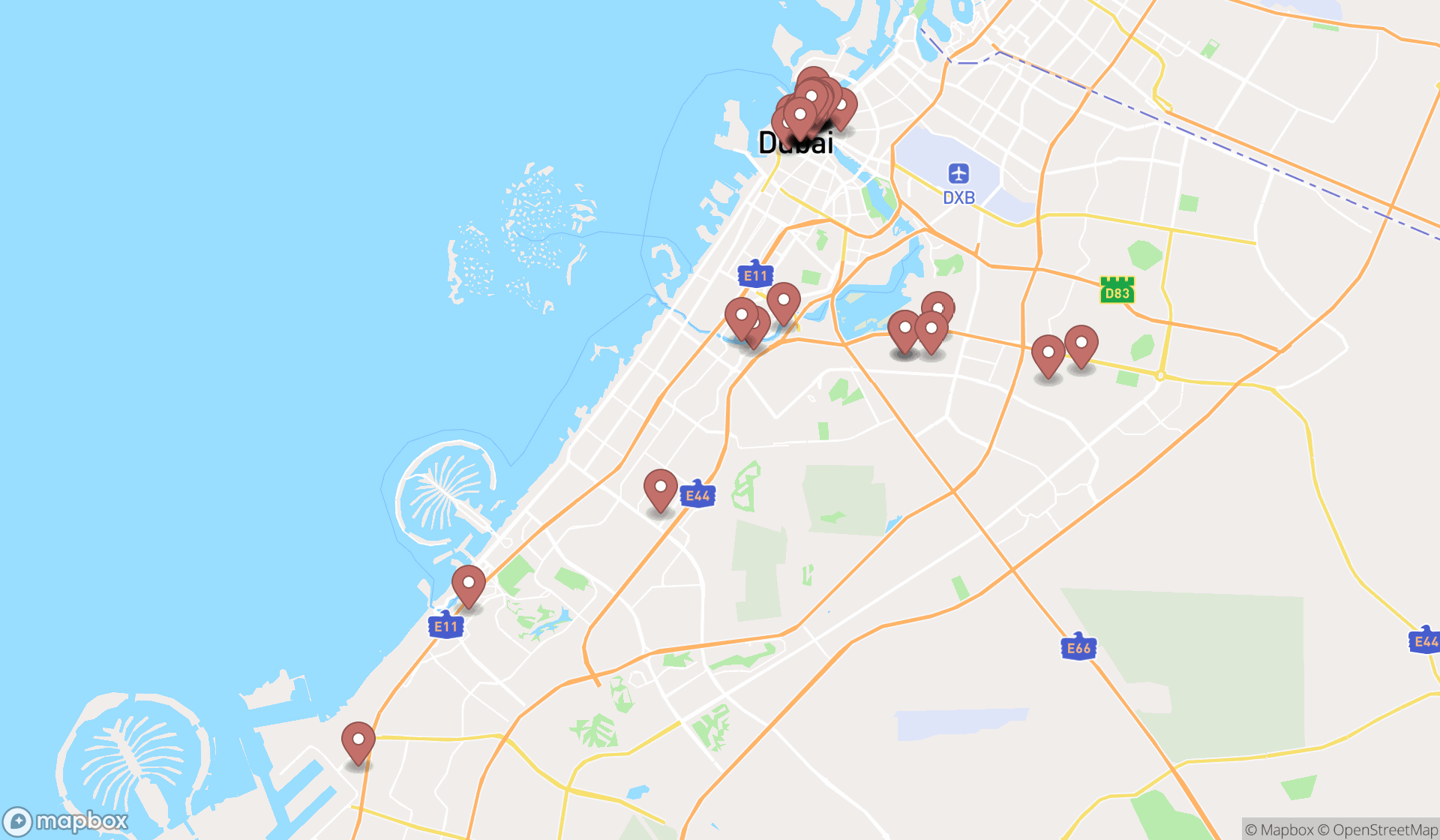 Map showing the search results in Dubai