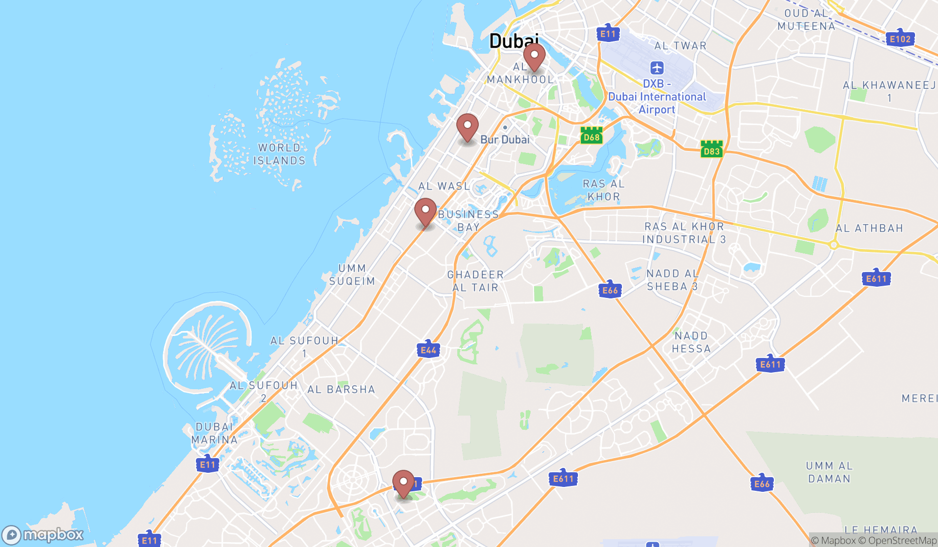 Map showing the search results in Dubai