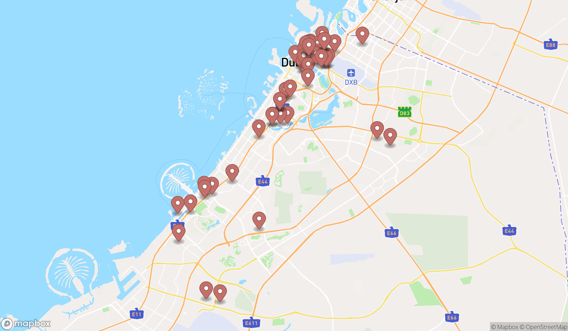 Map showing the search results in Dubai