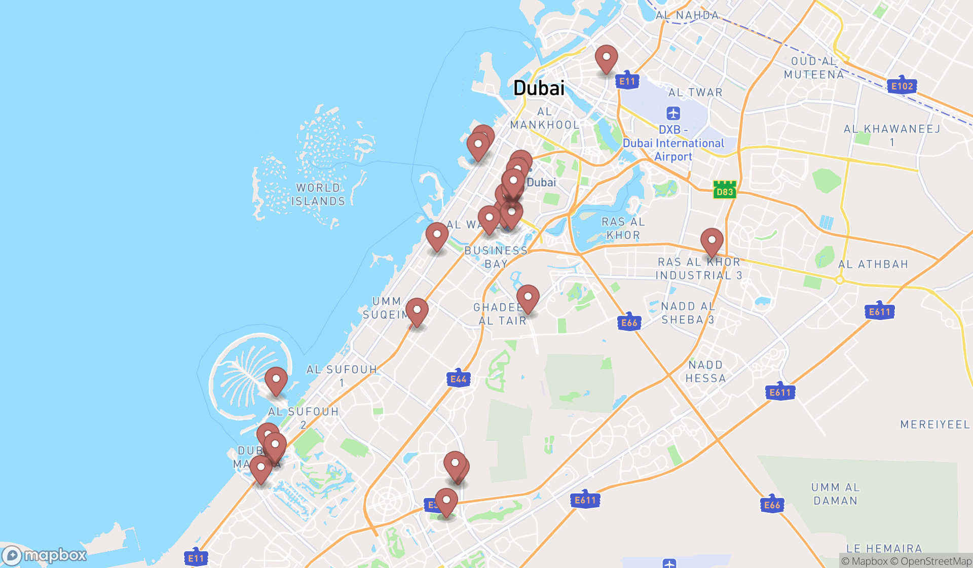 Map showing the search results in Dubai
