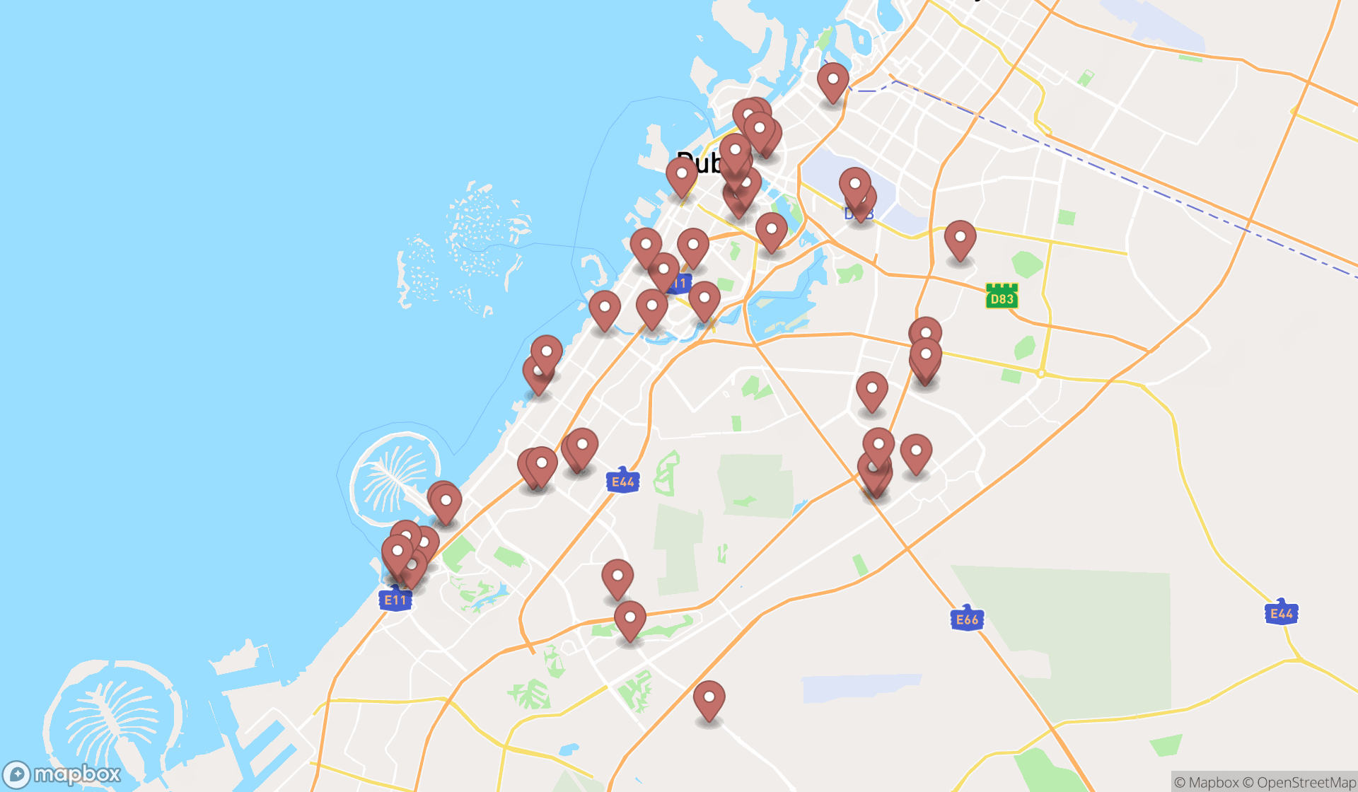 Map showing the search results in Dubai