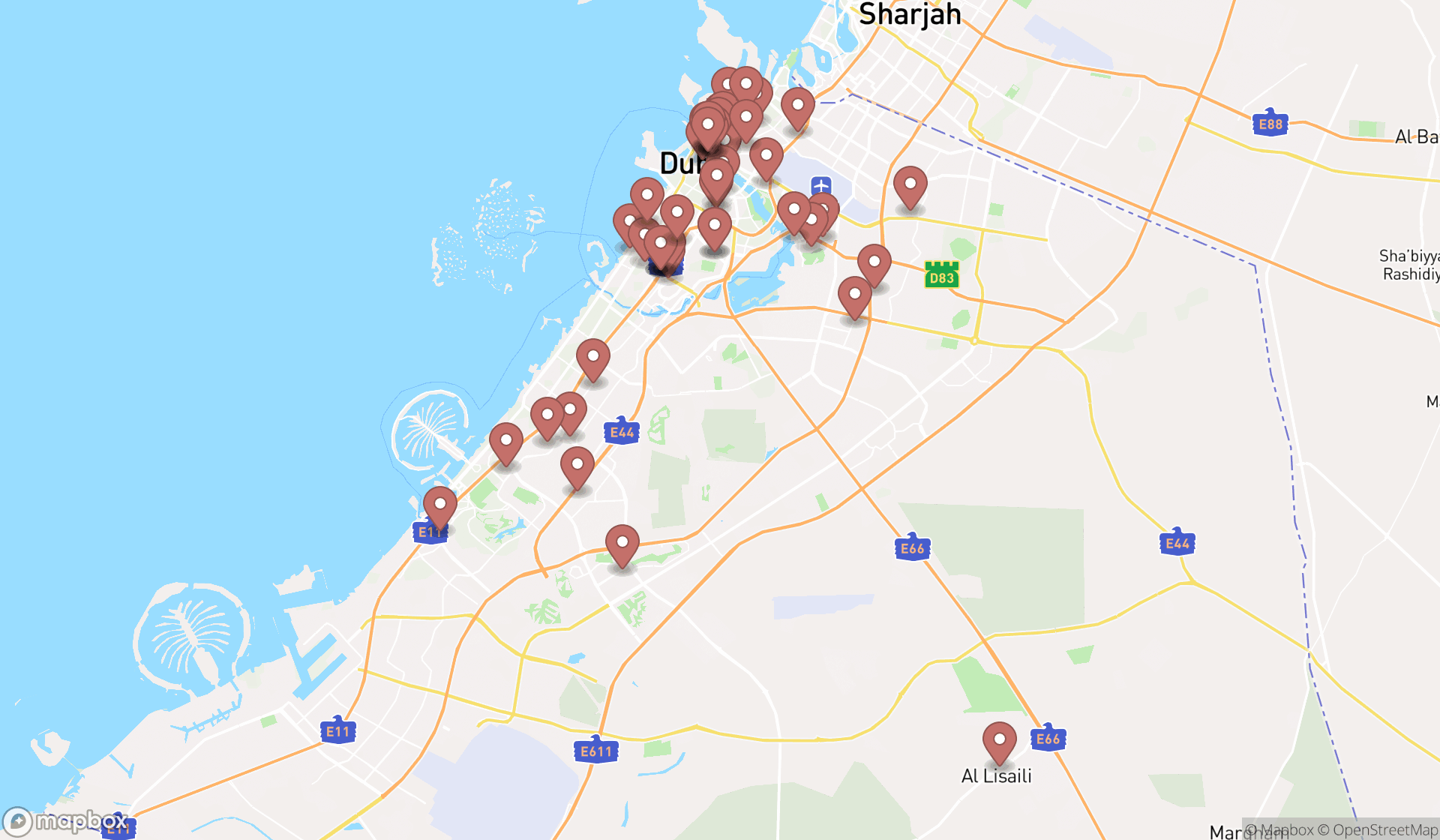 Map showing the search results in Dubai