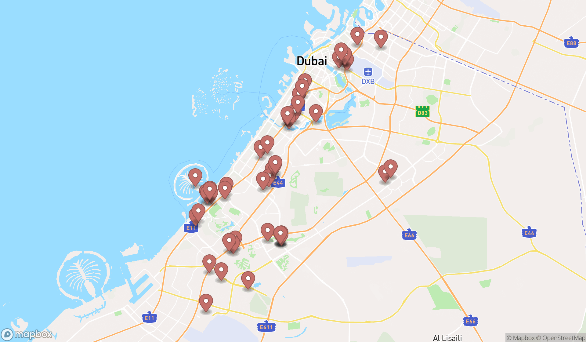 Map showing the search results in Dubai