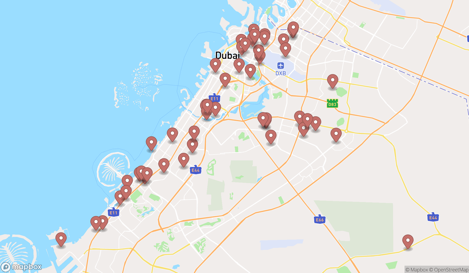 Map showing the search results in Dubai