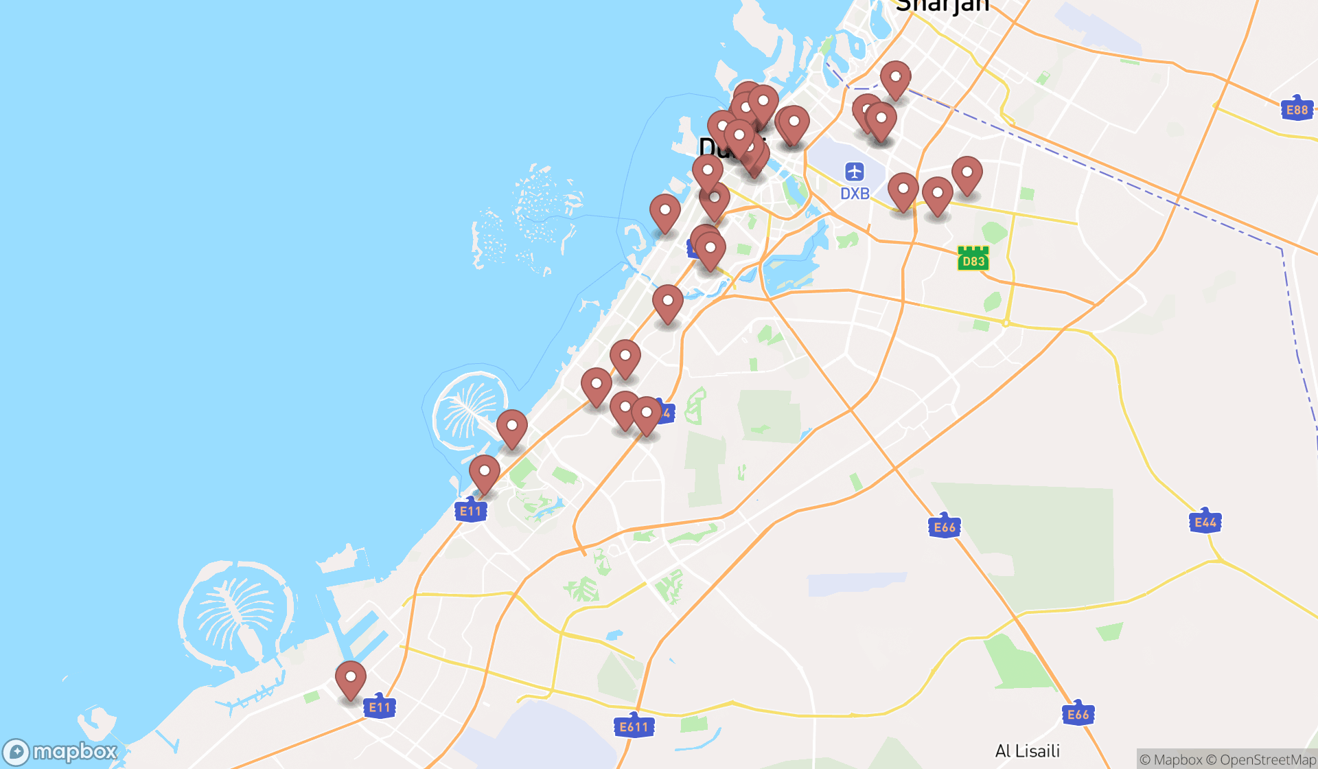 Map showing the search results in Dubai
