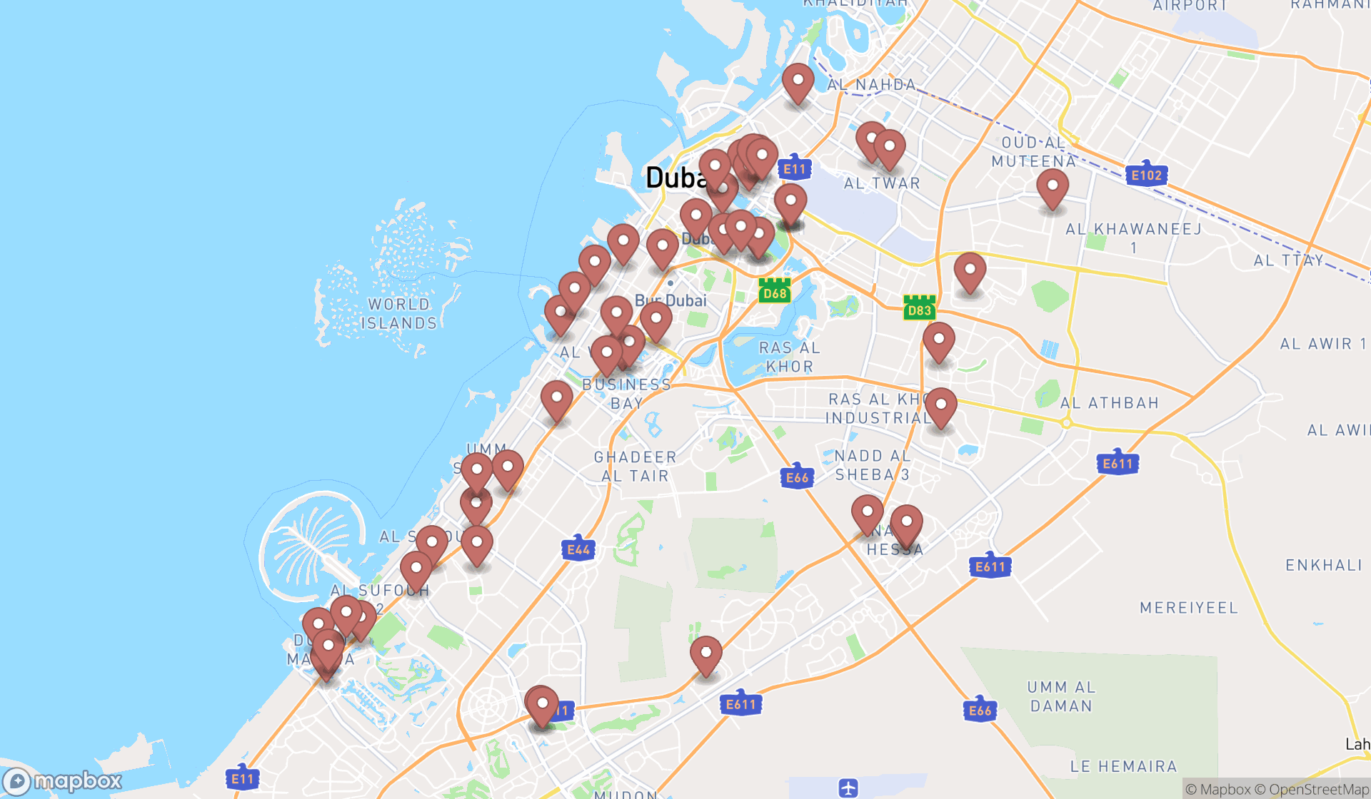 Map showing the search results in Dubai