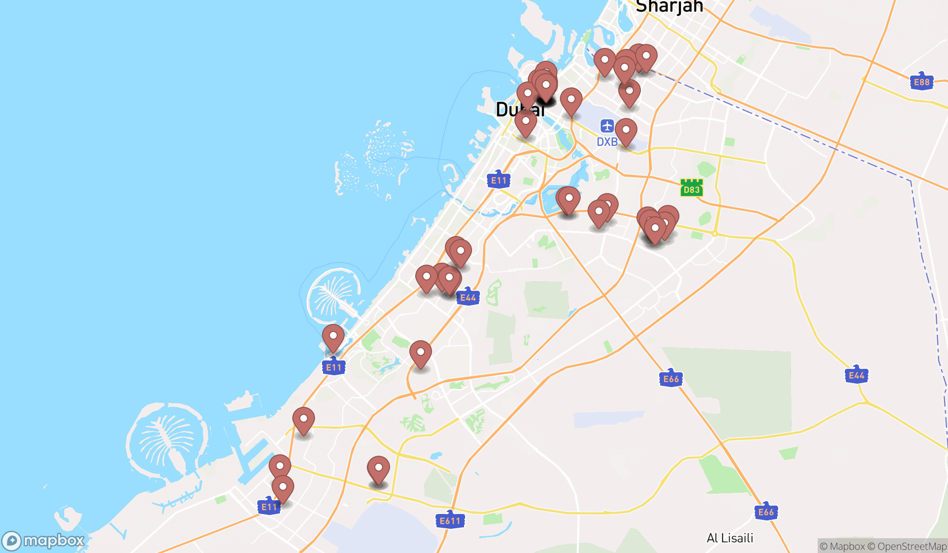 Map showing the search results in Dubai