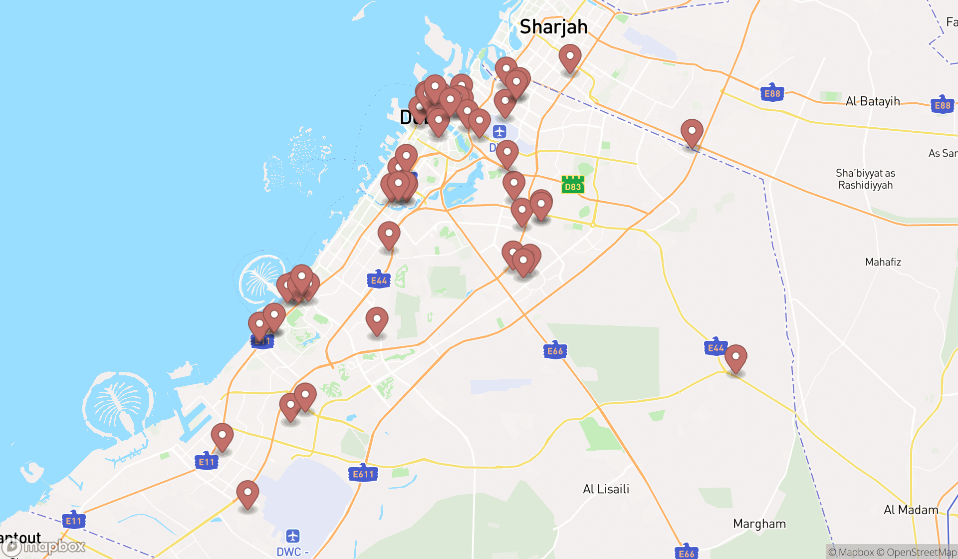 Map showing the search results in Dubai