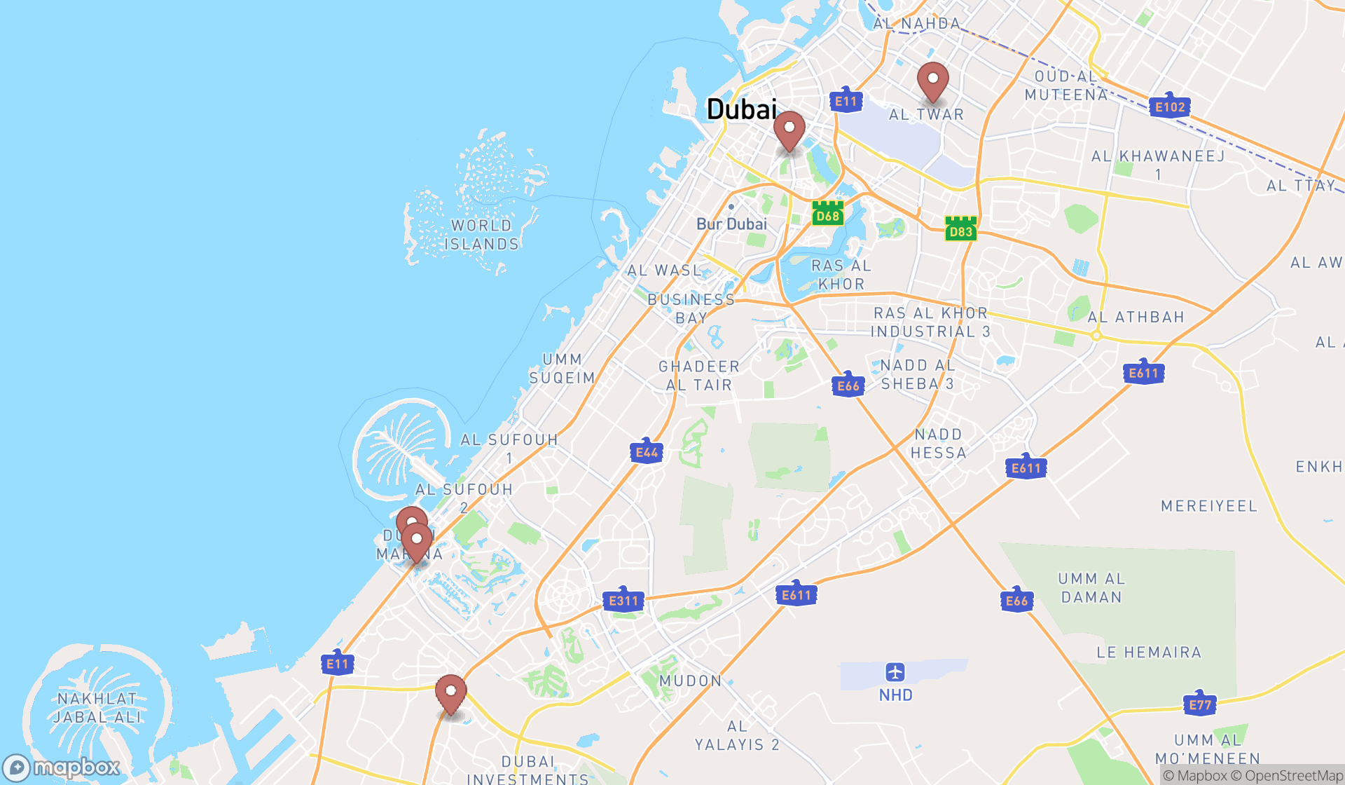 Map showing the search results in Dubai