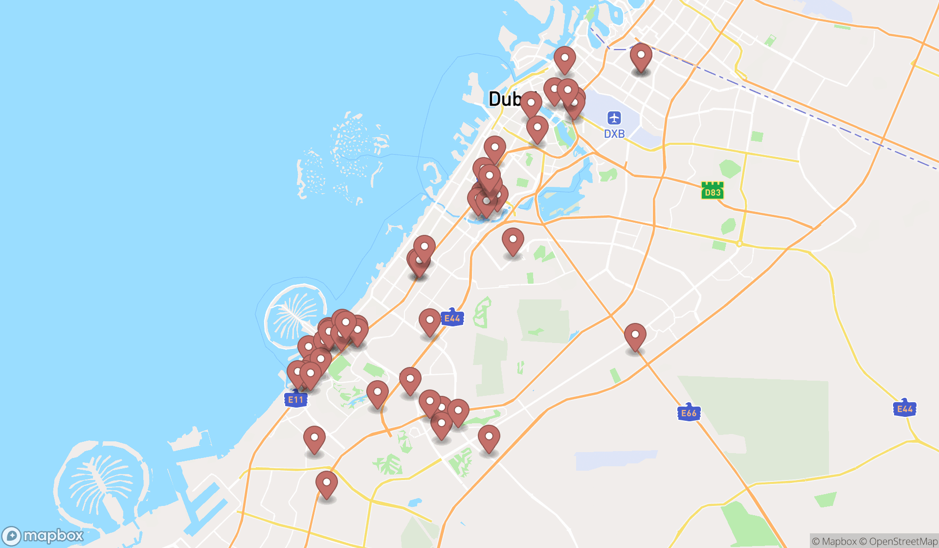 Map showing the search results in Dubai