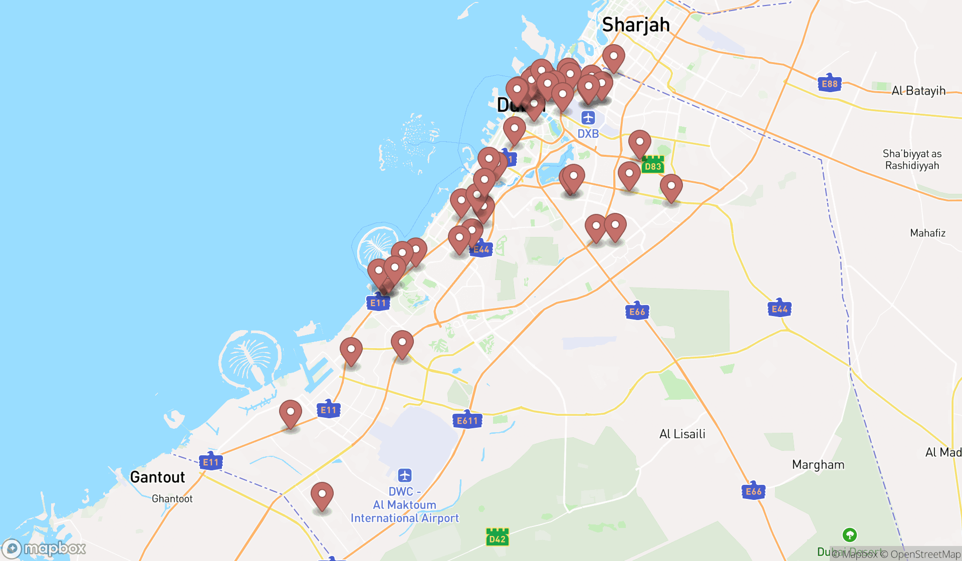 Map showing the search results in Dubai