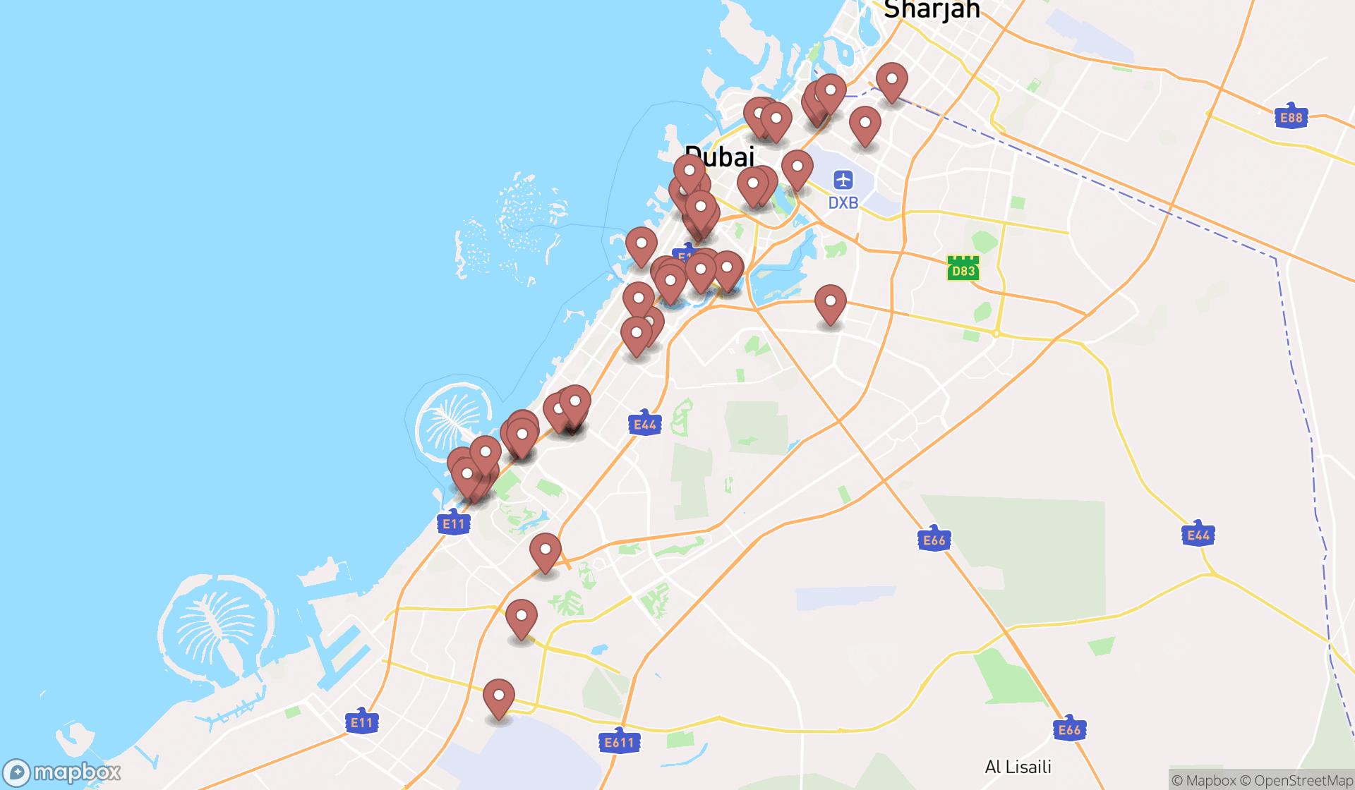 Map showing the search results in Dubai