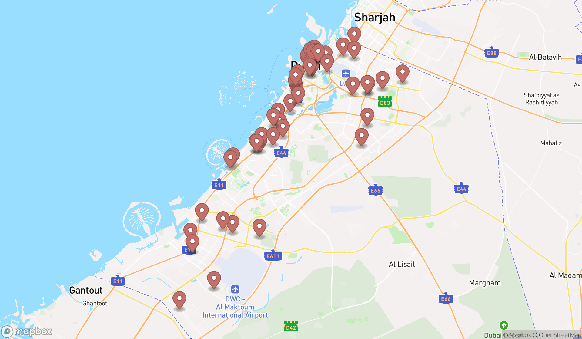 Map showing the search results in Dubai