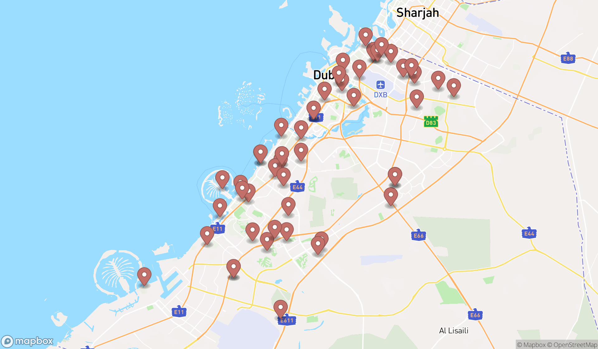 Map showing the search results in Dubai
