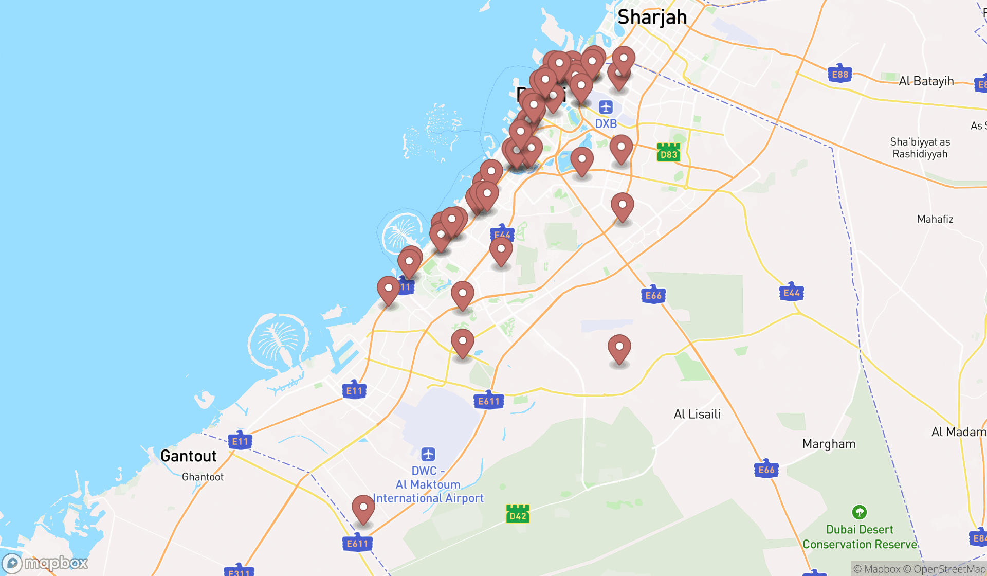 Map showing the search results in Dubai