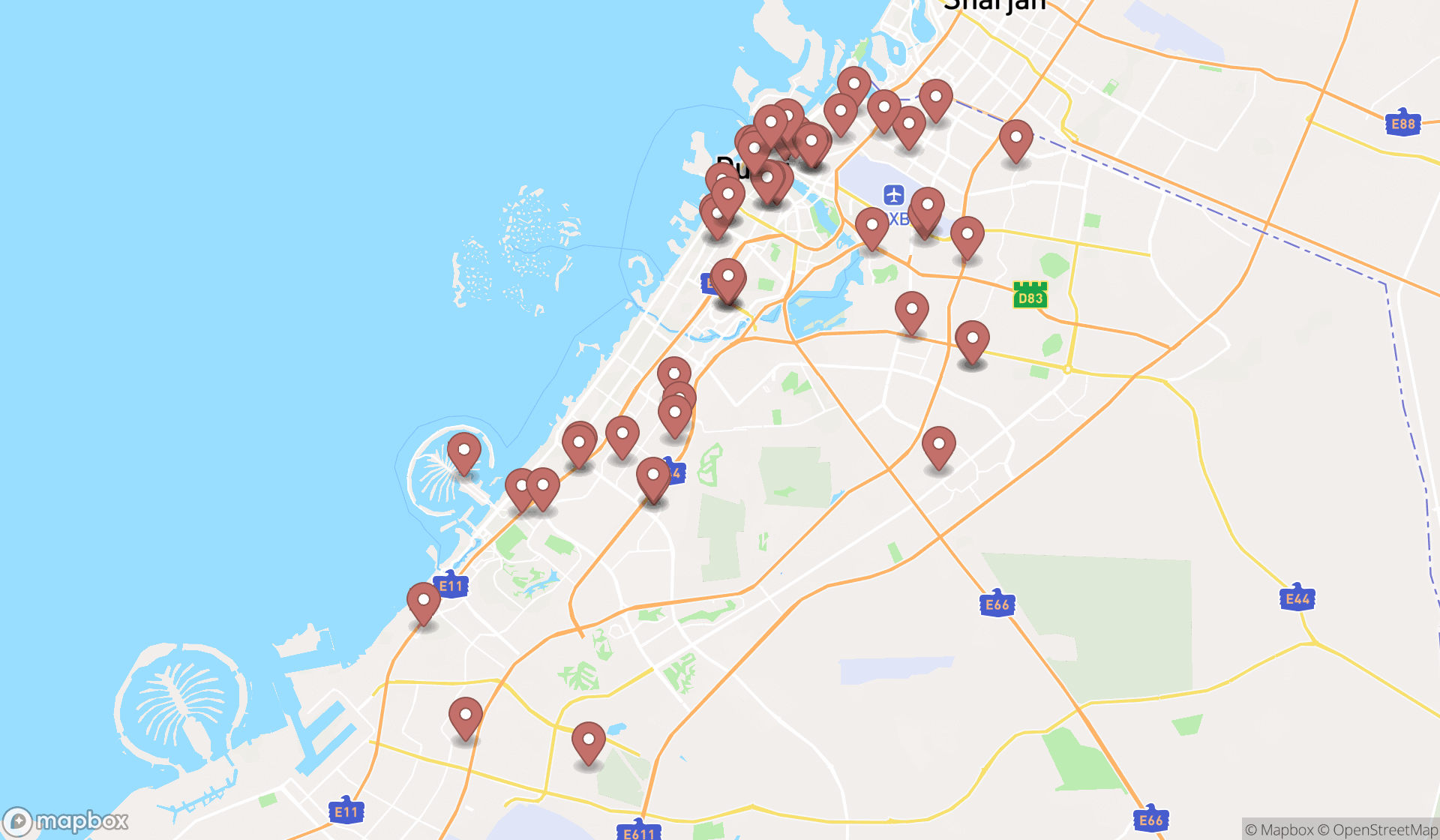 Map showing the search results in Dubai