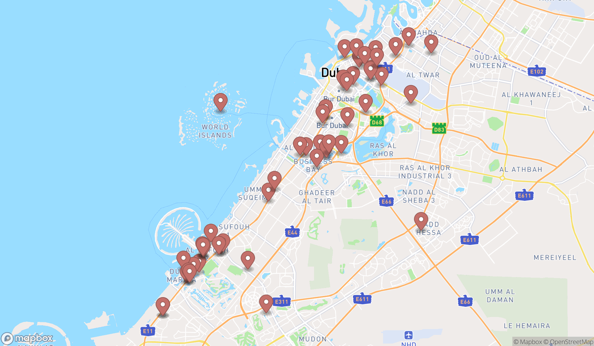 Map showing the search results in Dubai