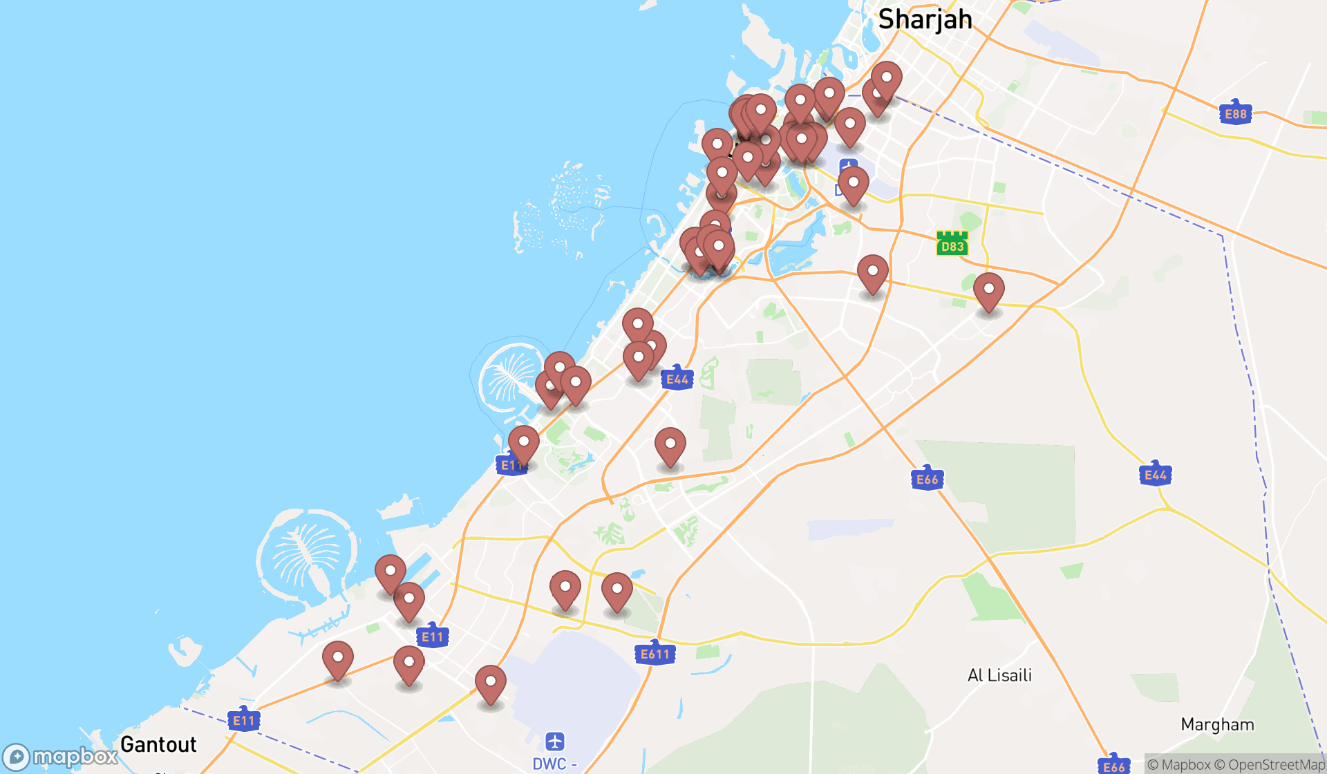 Map showing the search results in Dubai