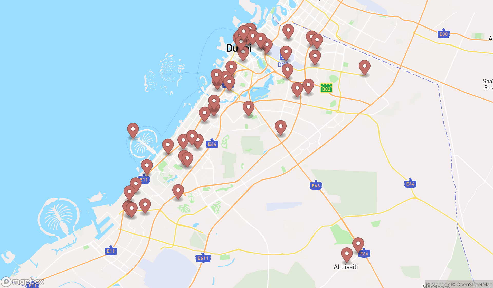 Map showing the search results in Dubai