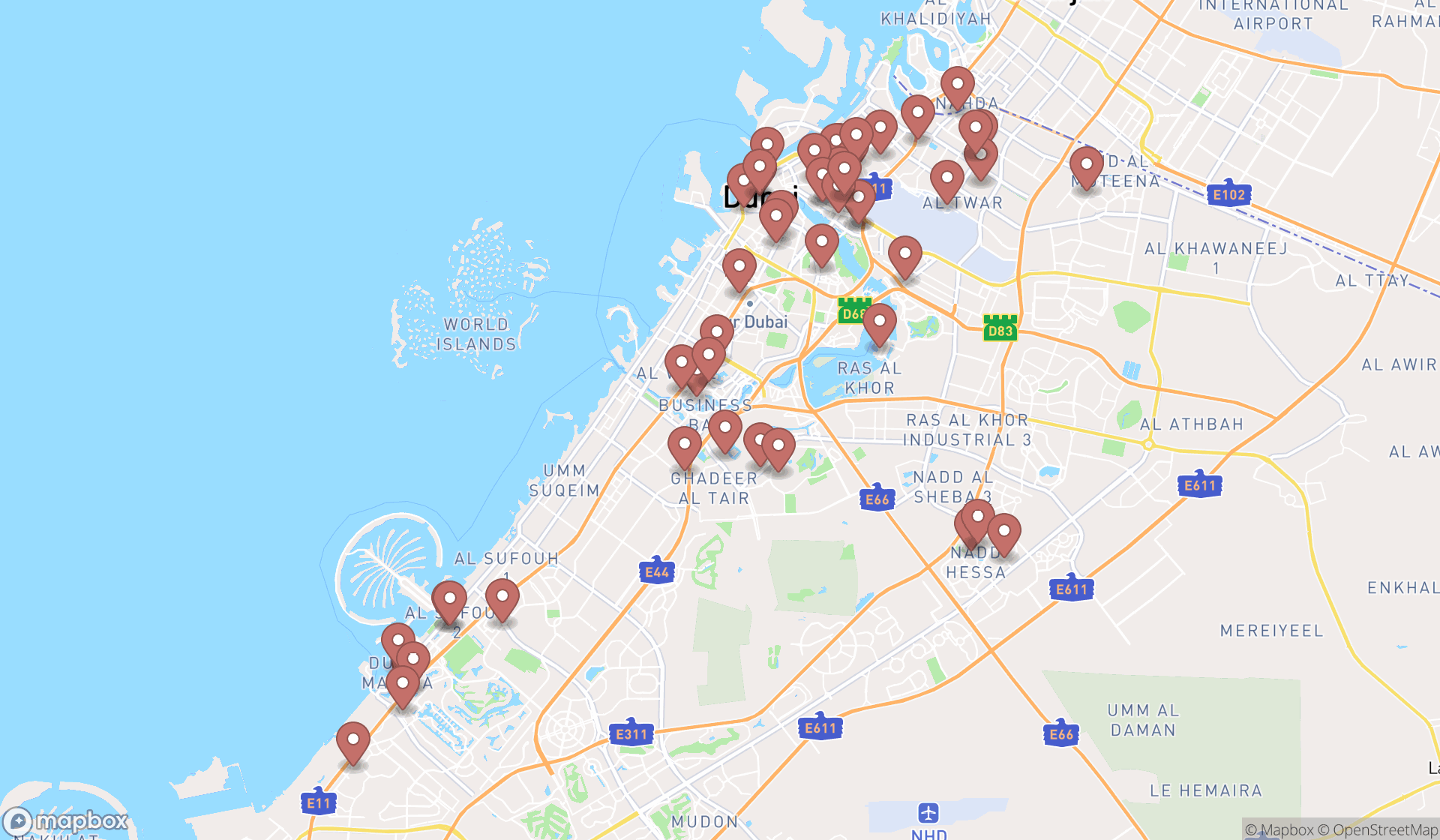 Map showing the search results in Dubai
